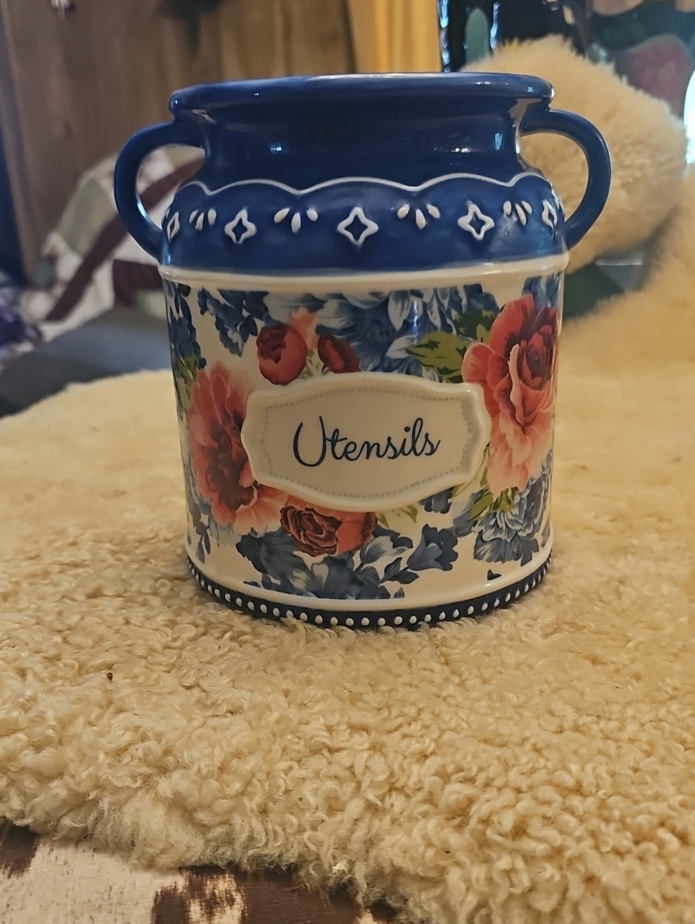 The Pioneer Woman Blue Floral Utensils Crock with Rose Motif